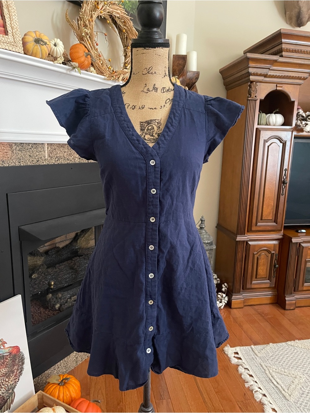 Lulus Women's Navy Blue Flutter Sleeve Button Down Mini Dress Medium